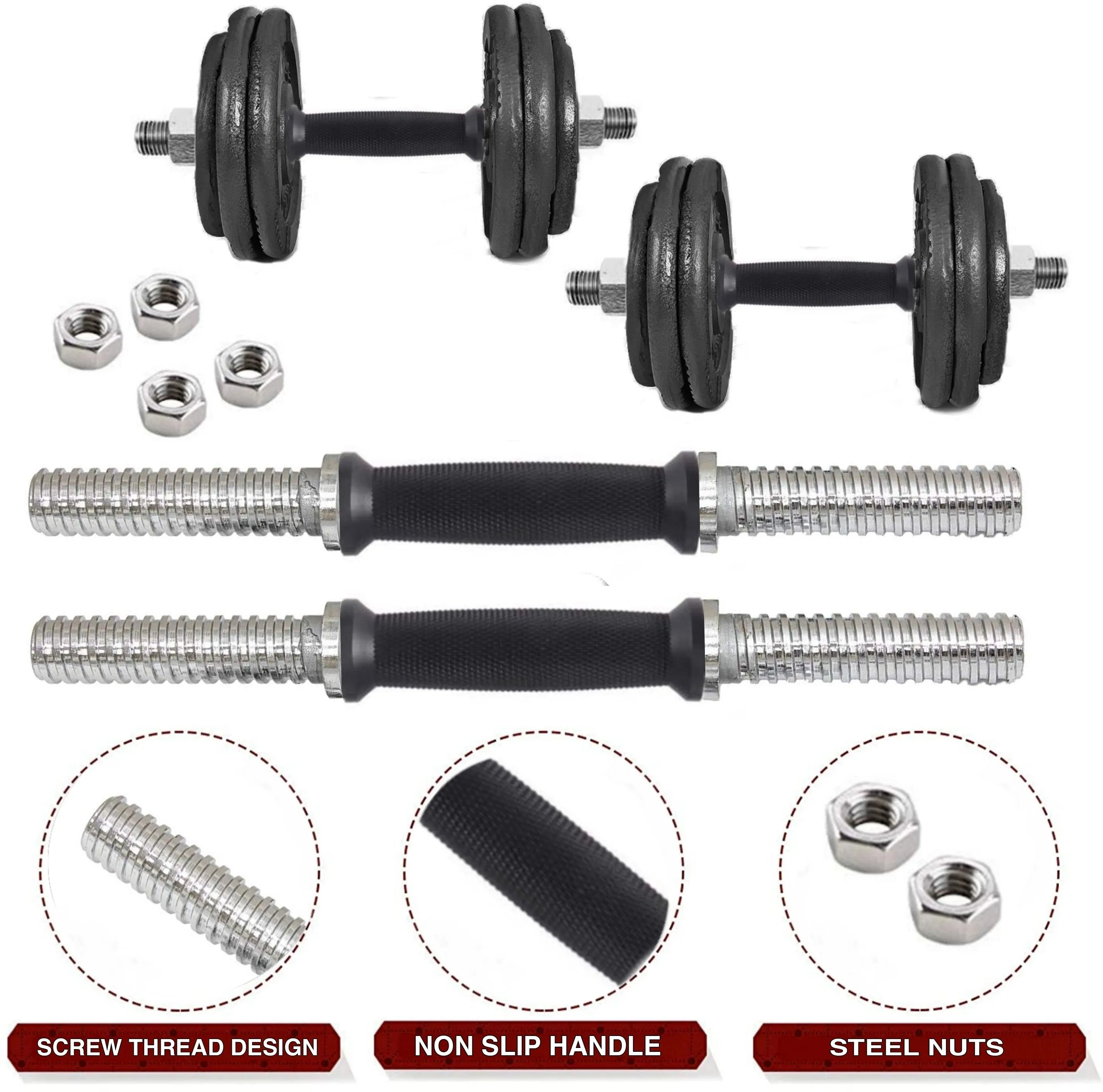 10KG GYM SET 4ft |5Ft Pair Solid Dumbbell |CAST IRON Plates & ACC(25MM)