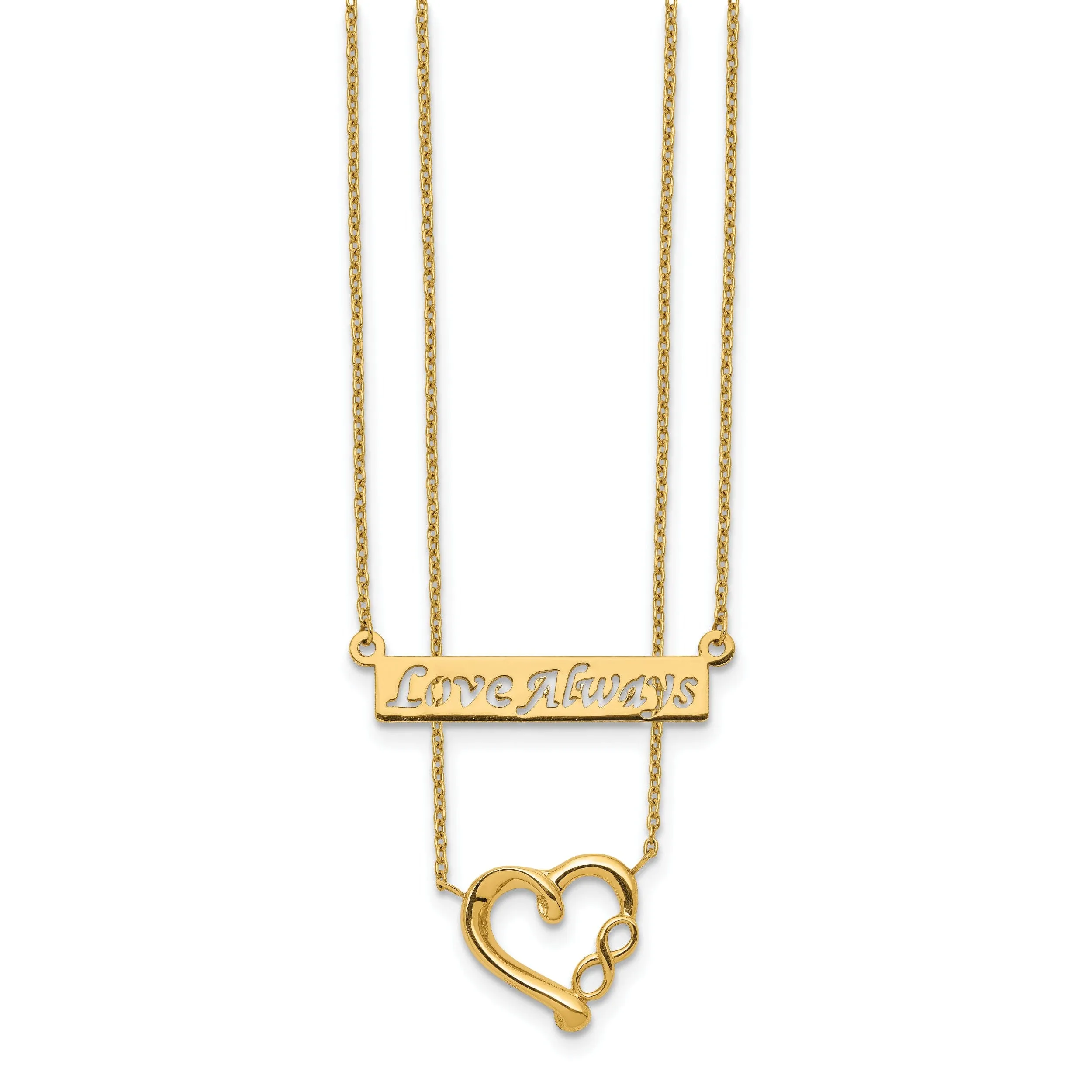 14k Yellow Gold Solid Polished Finish 2-Strand Heart & Infinity Design Love Always with 17-inch Cable Chain Necklace