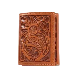 3D Belt Men's Western Tri-fold Leather Floral Tooled Tan Wallet DAW101