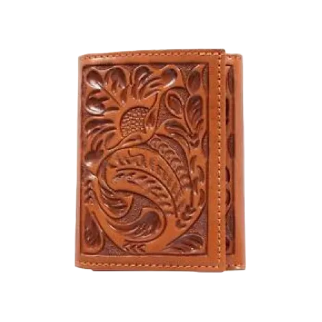 3D Belt Men's Western Tri-fold Leather Floral Tooled Tan Wallet DAW101