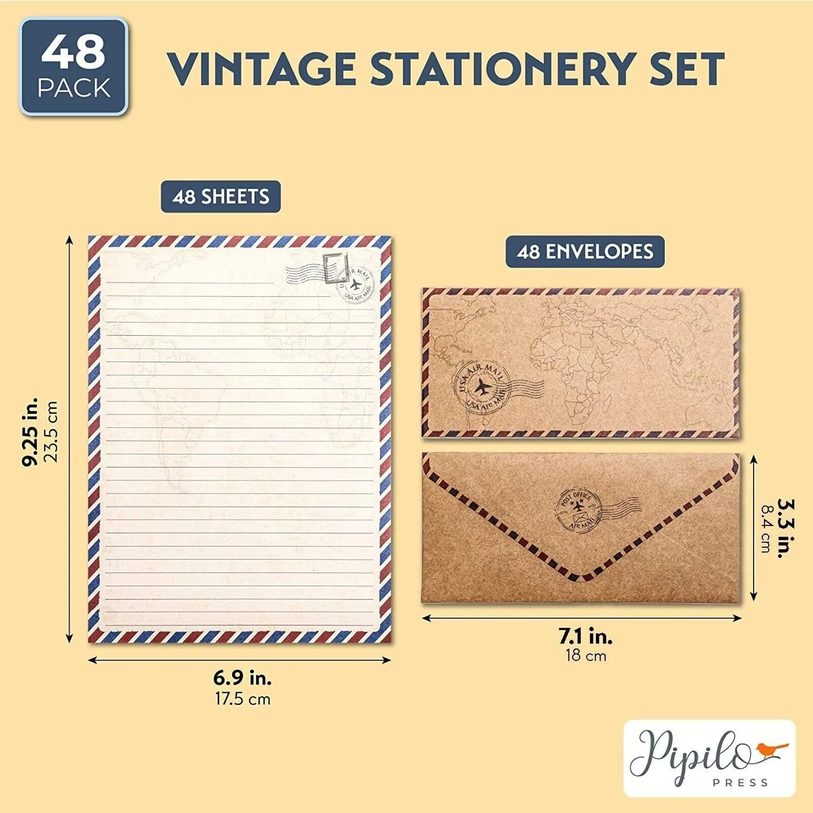 96 Pack Vintage-Style Airmail Stationery Set, 48 Lined Paper Sheets, Envelopes