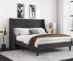 Allewie Queen Bed Frame, Platform Bed Frame Queen Size with Upholstered Headboard, Modern Deluxe Wingback, Wood Slat Support, Mattress Foundation, Dark Grey