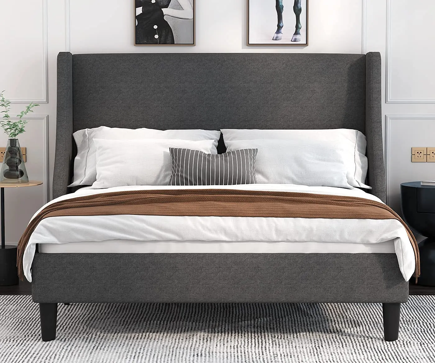 Allewie Queen Bed Frame, Platform Bed Frame Queen Size with Upholstered Headboard, Modern Deluxe Wingback, Wood Slat Support, Mattress Foundation, Dark Grey