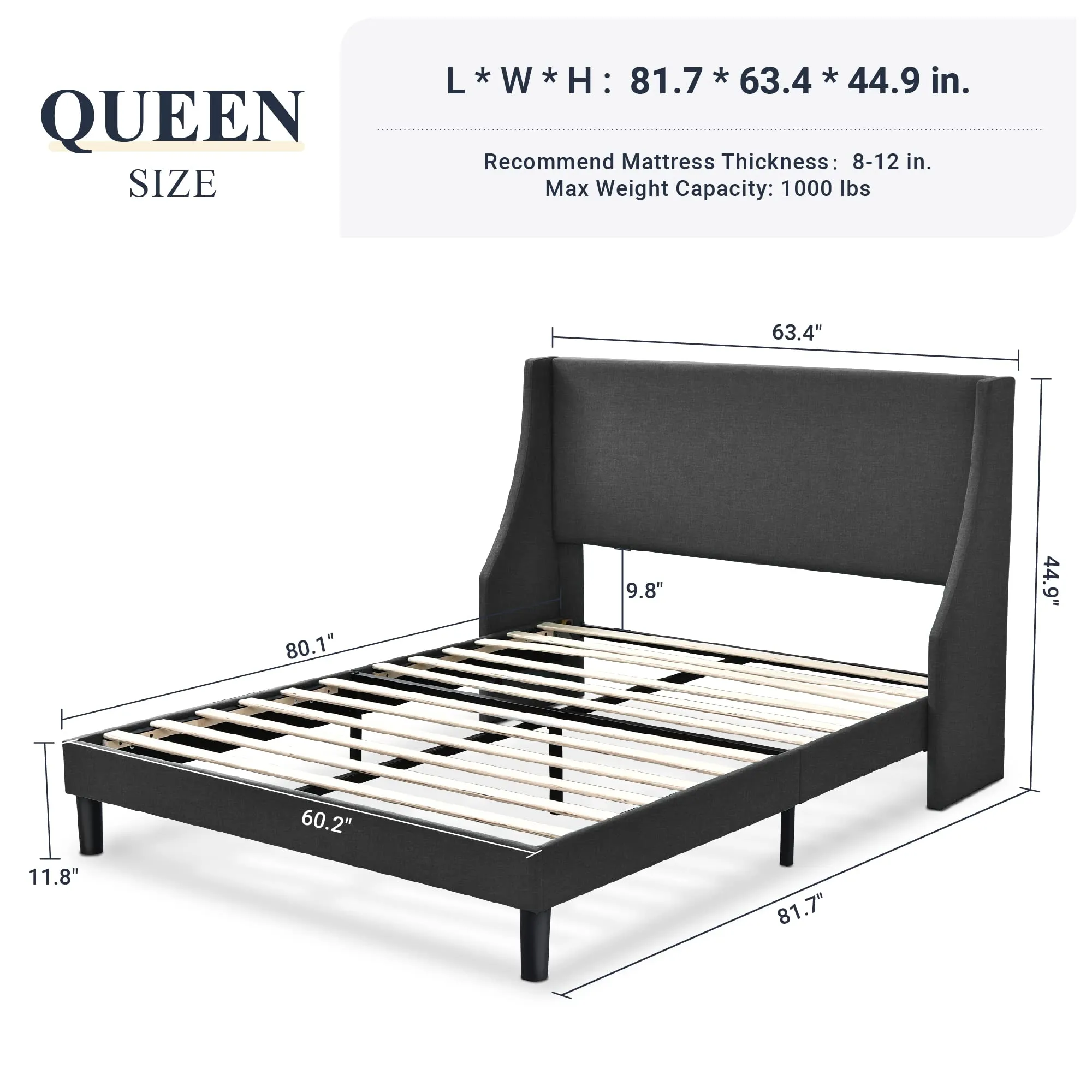 Allewie Queen Bed Frame, Platform Bed Frame Queen Size with Upholstered Headboard, Modern Deluxe Wingback, Wood Slat Support, Mattress Foundation, Dark Grey