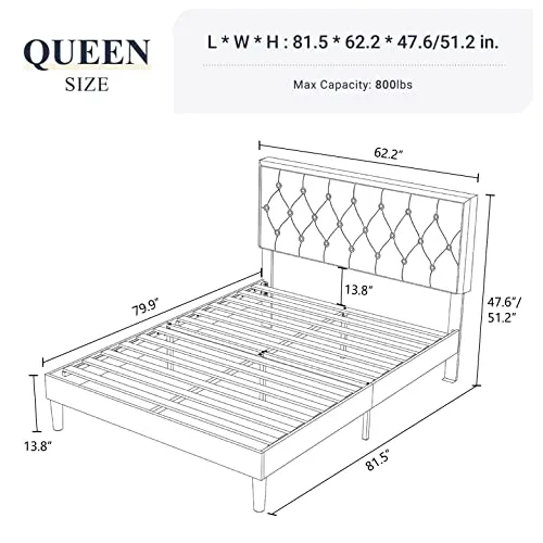 Allewie Queen Size Button Tufted Platform Bed Frame/Fabric Upholstered Bed Frame with Adjustable Headboard/Wood Slat Support/Mattress Foundation/Dark Grey (Queen)