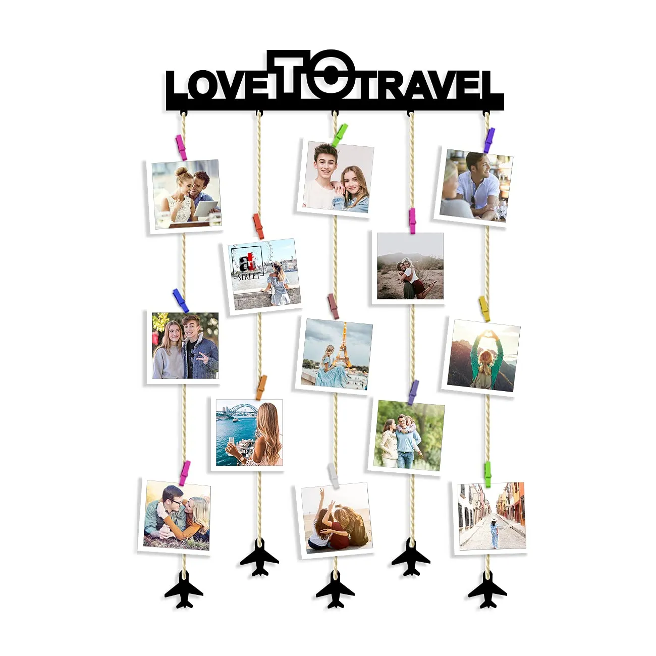 Art Street Love to travel Clip Picture Collage/Hanging Photo Frame Frame Collage Mdf Plaque, Valentine Day Gift - Black - Size - 18.5 x 32 inchs