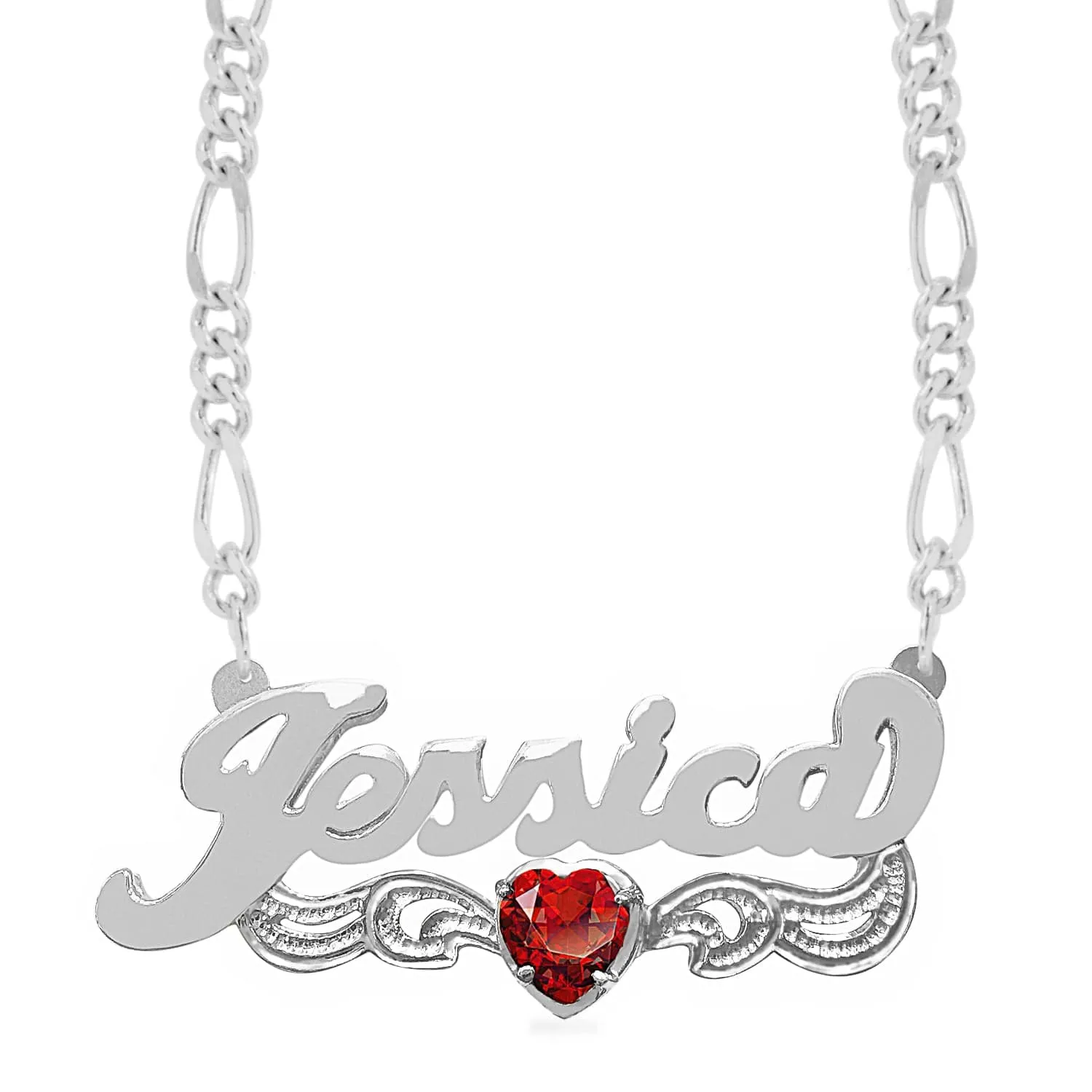 Birthstone Heart Rhodium Double Nameplate with Figaro chain