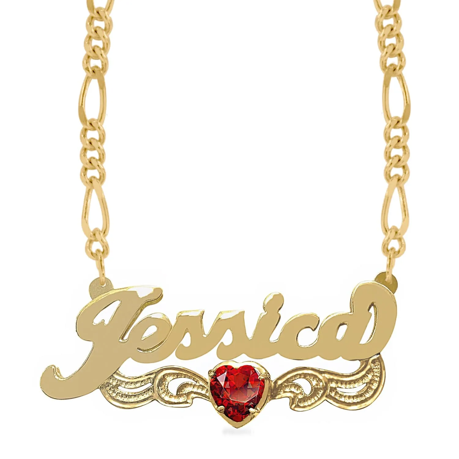 Birthstone Heart Rhodium Double Nameplate with Figaro chain