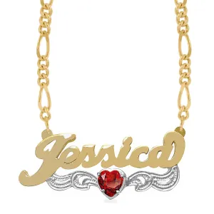 Birthstone Heart Rhodium Double Nameplate with Figaro chain