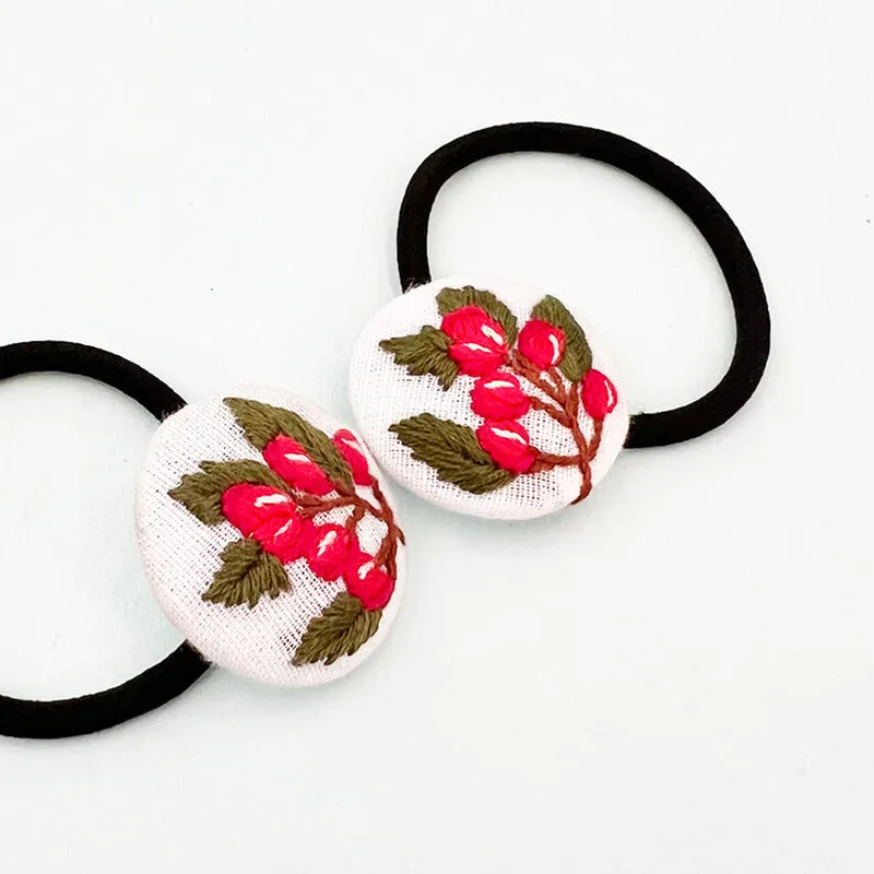 Cotton Linen Hair Ties | Red Berries | Embroidered | Off White