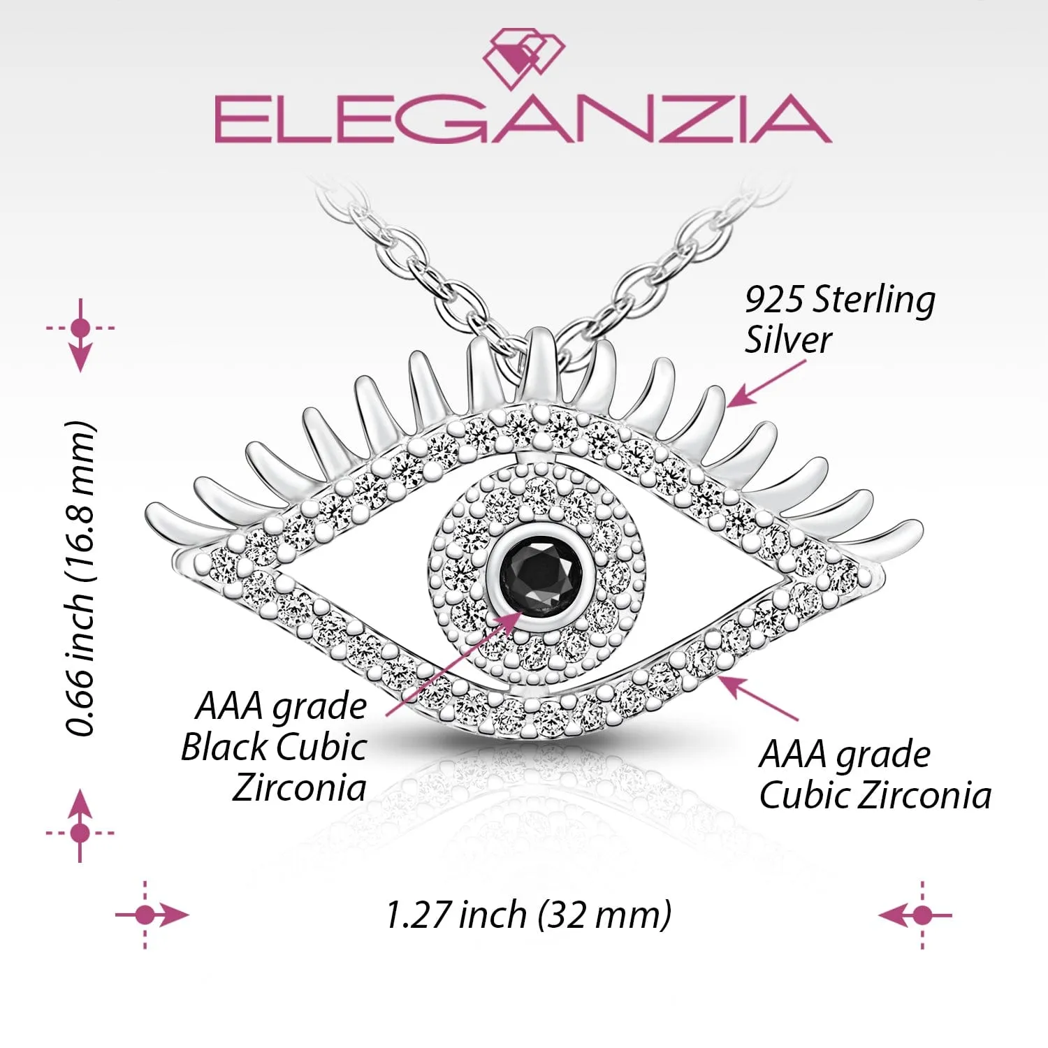 CZ Regal Evil Eye Necklace with Lashes Sterling Silver