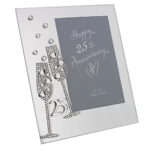 Diamante Champagne Glasses Silver 25th Wedding Anniversary Glass Photo Frame 7.5" x 6.5"