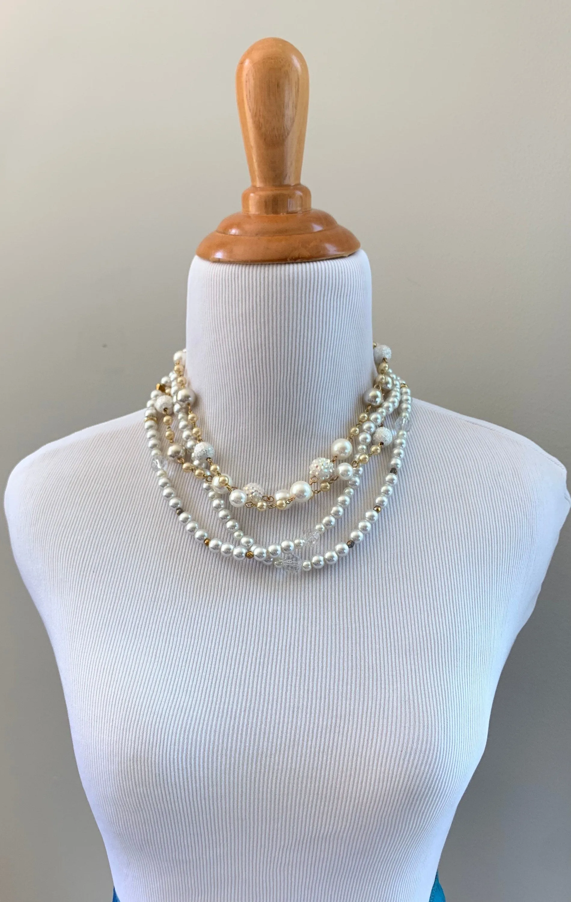 Double Strand Long Pearl & Crystal Necklace