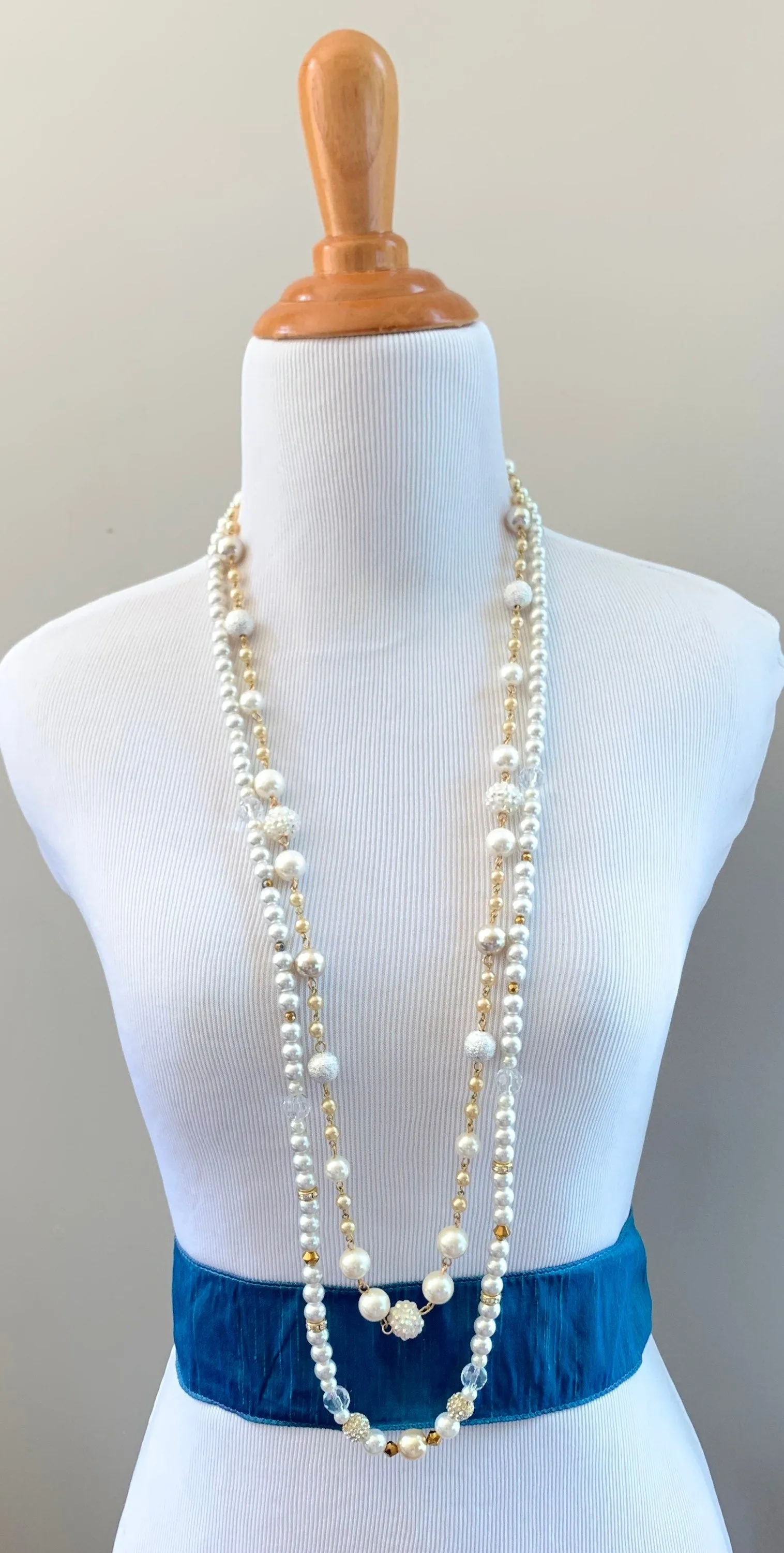 Double Strand Long Pearl & Crystal Necklace