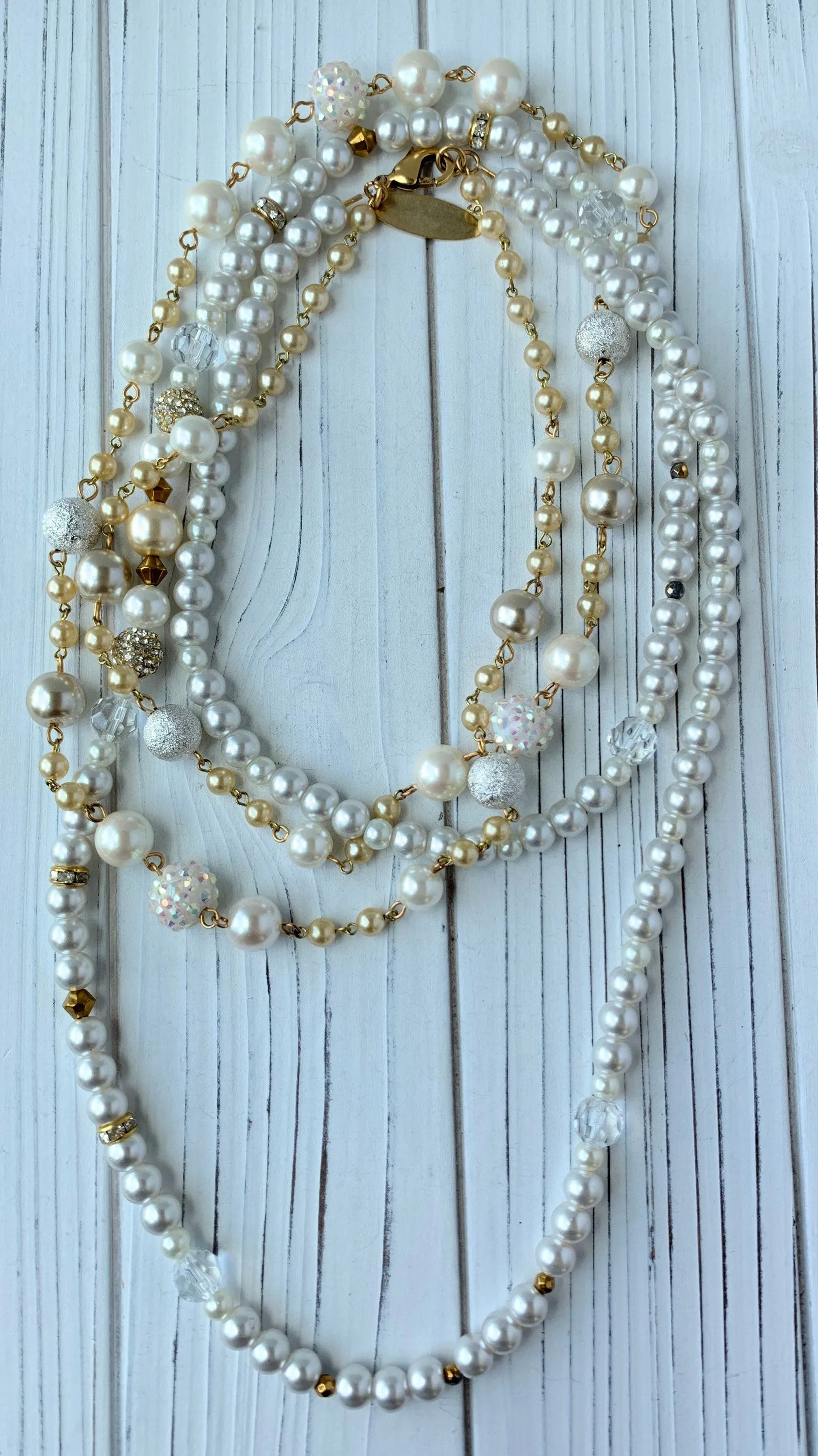 Double Strand Long Pearl & Crystal Necklace