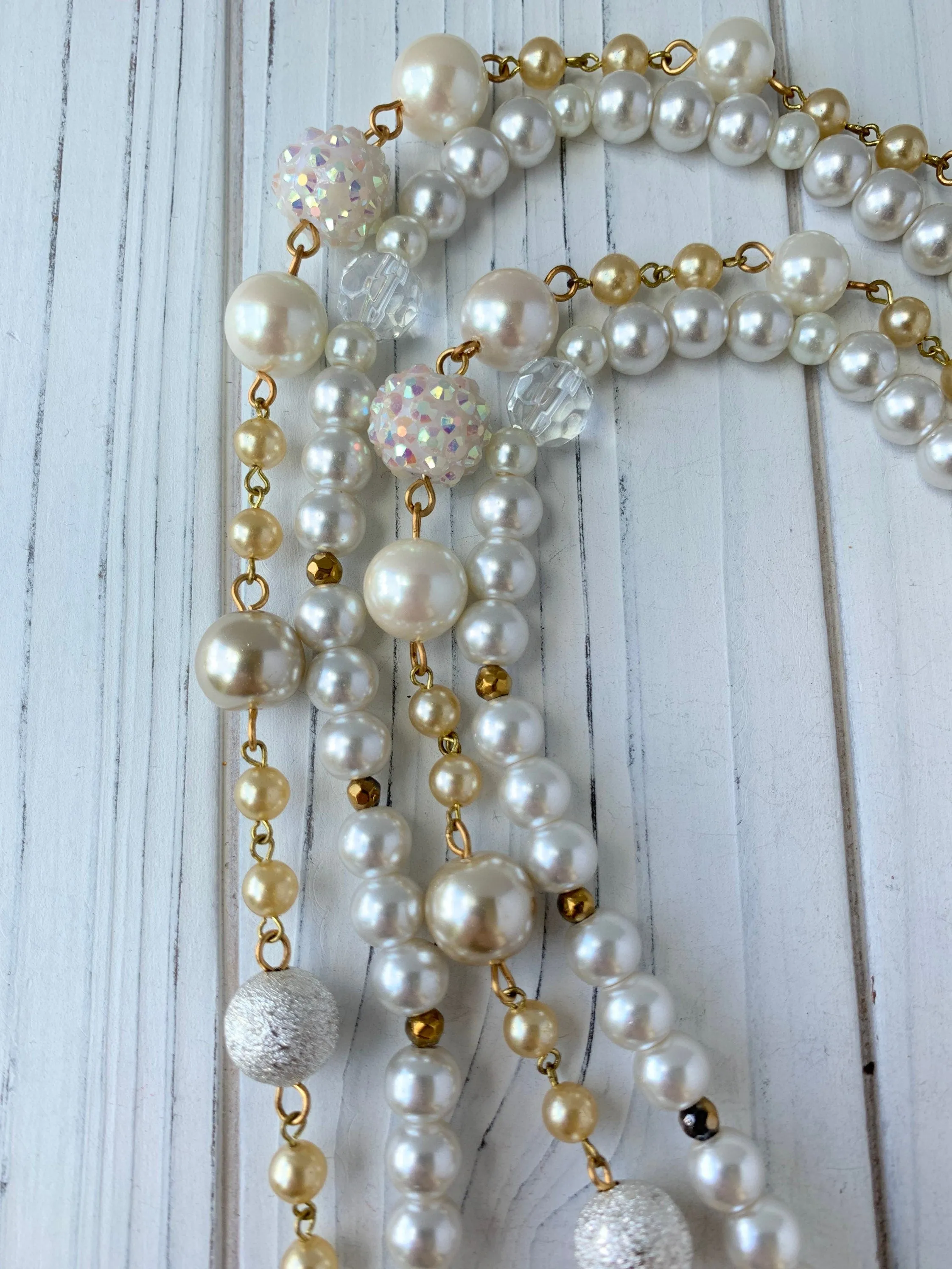 Double Strand Long Pearl & Crystal Necklace