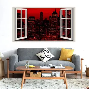 GADGETS WRAP Printed Wall Decal Sticker Fake Window Style Decal (90cm x 50cm) - red Sky at Night New York City