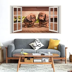 GADGETS WRAP Printed Wall Decal Sticker Fake Window Style Decal (90cm x 50cm) - Two Brown Puppy