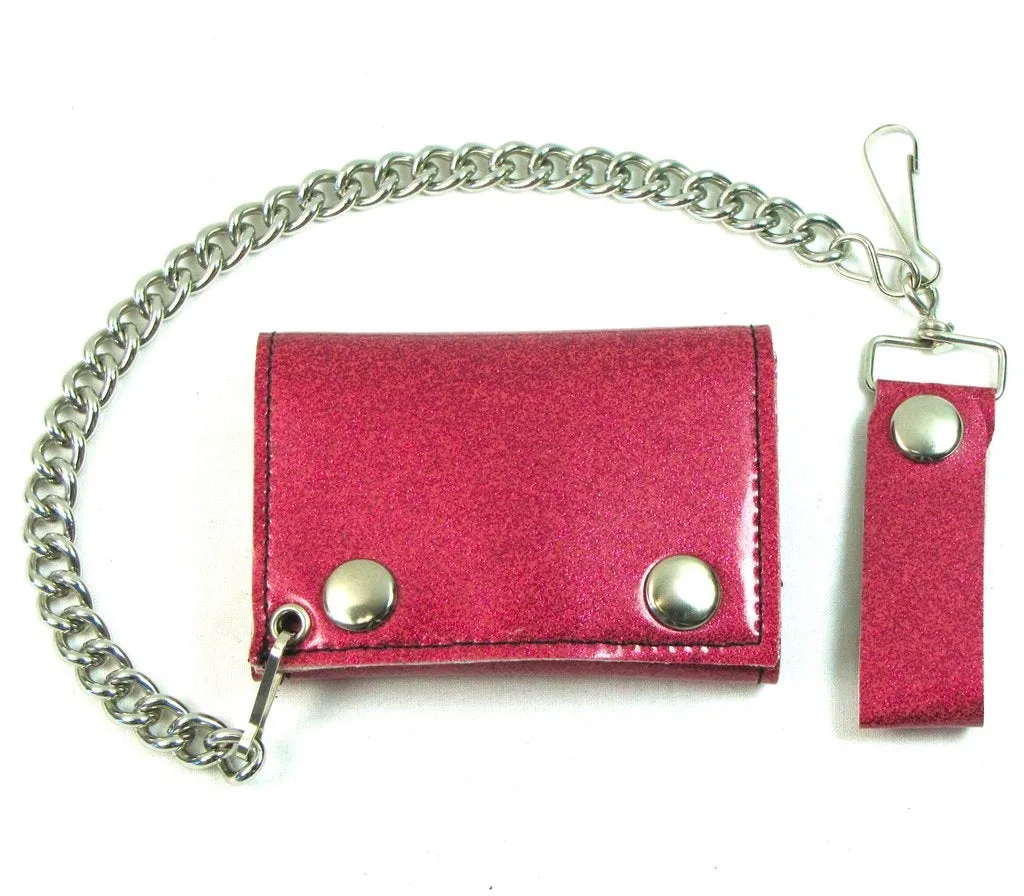 Glitter Vinyl Tri-fold Chain Wallet in Pink