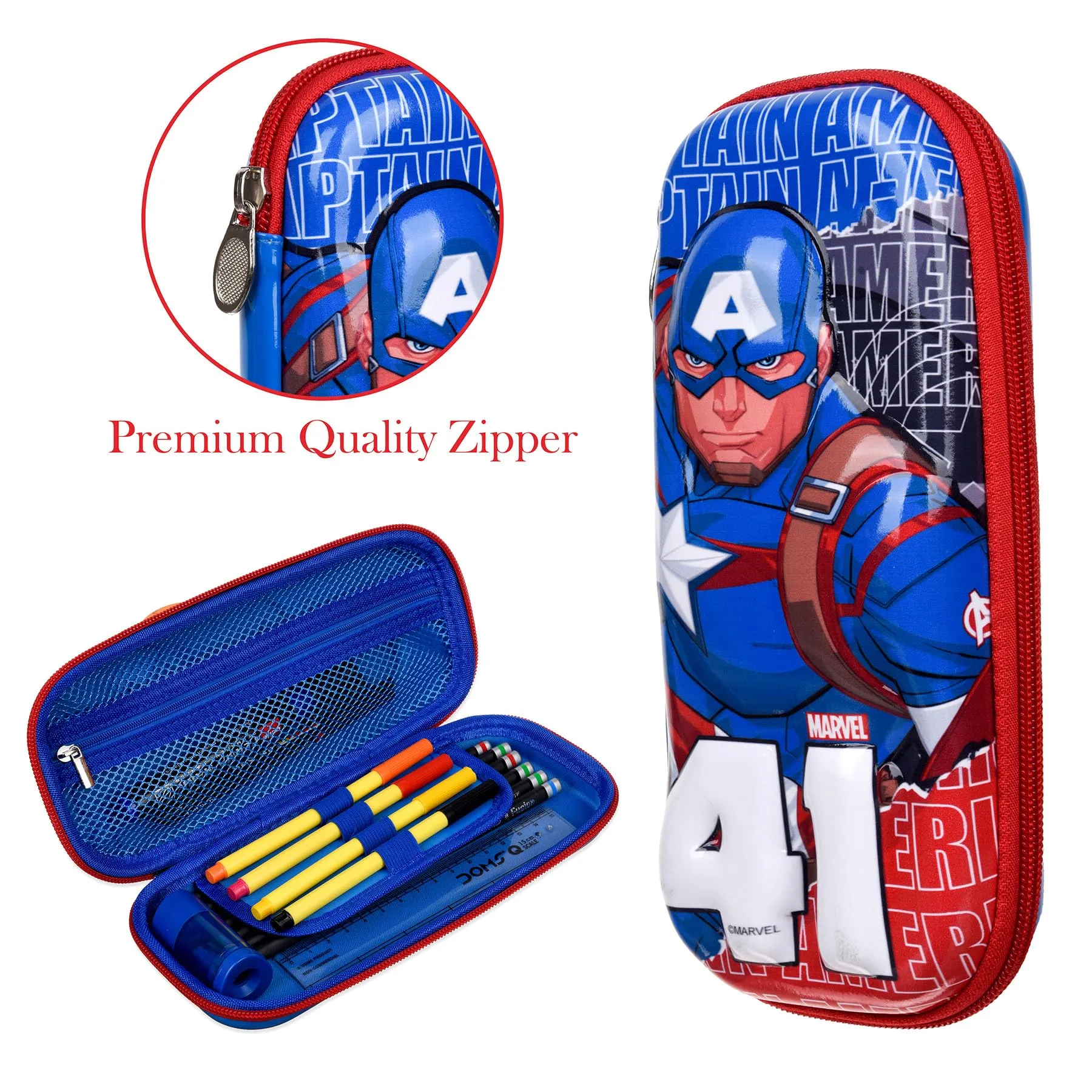 Heart Home Marvel Captain America Pencil Pouch | School Pencil Case for Kids | Pen-Pencil Box for Kids | Geometry Box | Compass Box | School Stationery Supplies | Pack of 3 | Blue