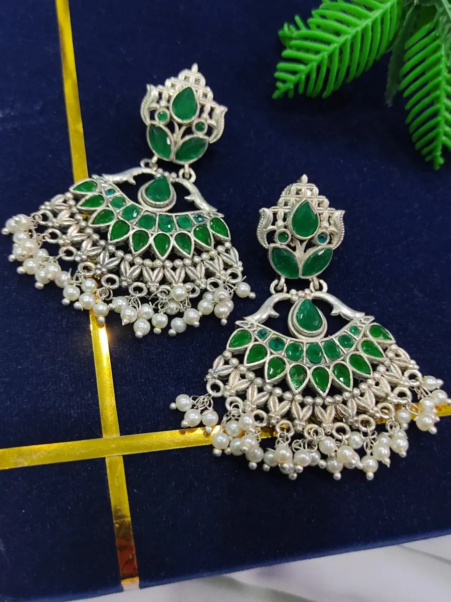 High End Emerald Stoned Dangler Oxidized Earrings