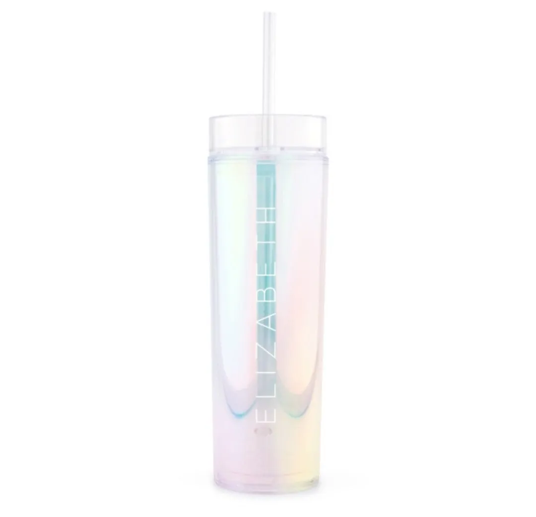 IRIDESCENT PERSONALIZED PLASTIC DRINK TUMBLER - CONTEMPORARY VERTICAL LINE PRINTING