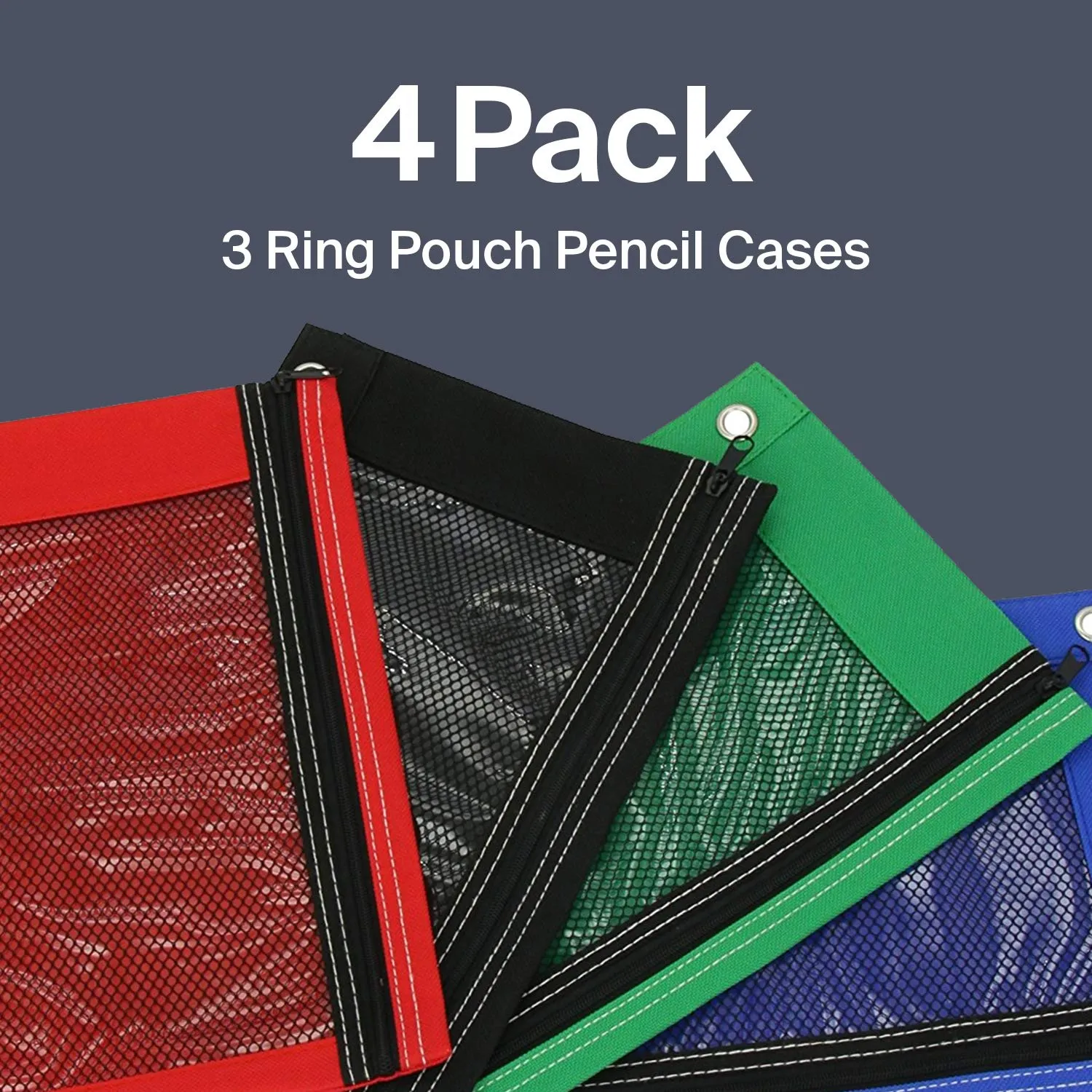 Kicko Pencil Case 3 Ring Pouch - Assorted Basic Colors Binder Pouch - 4 Pack Durable