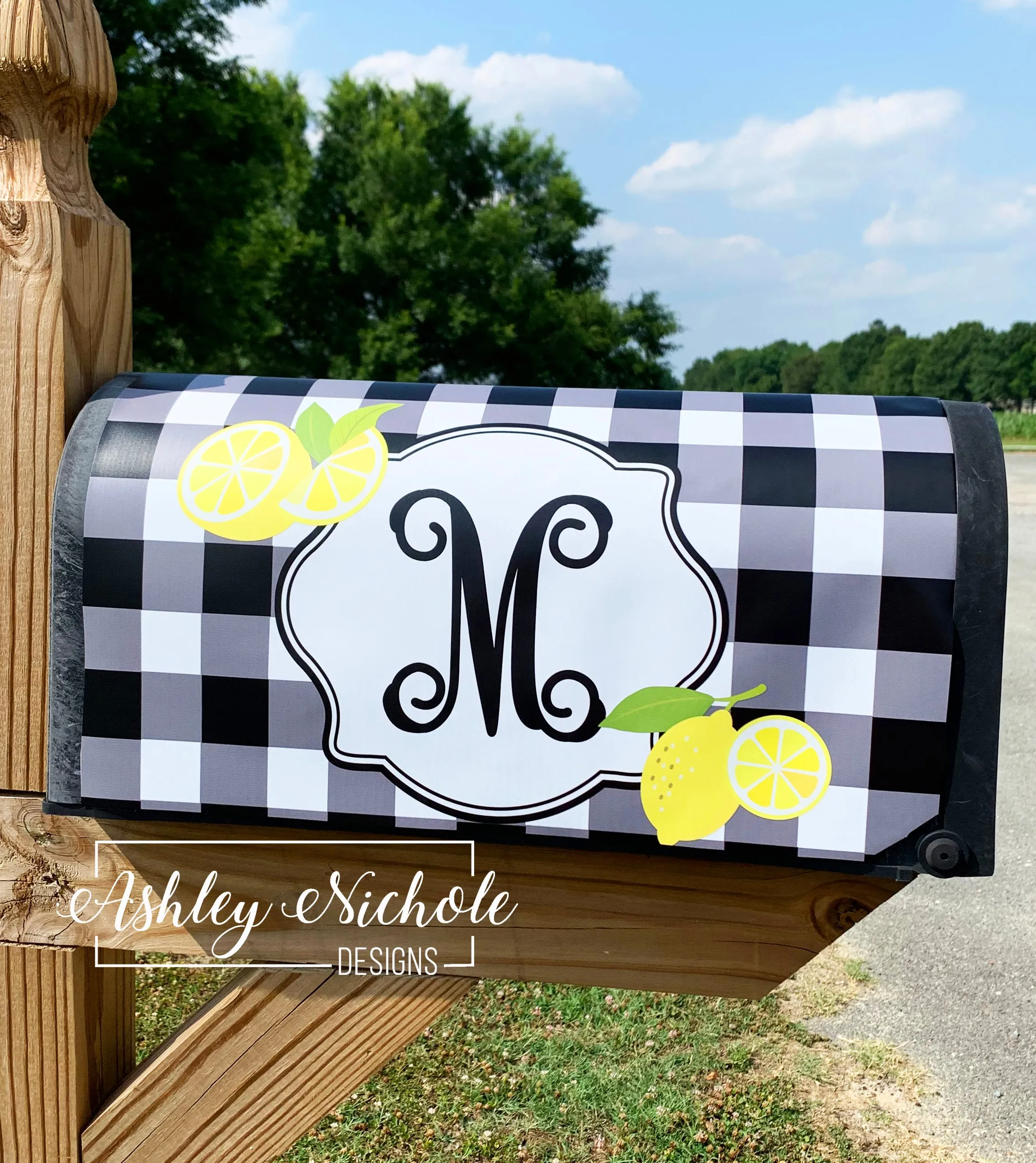 Lemon Slice and Buffalo Check Black Initial - Magnetic Vinyl Mailbox Cover