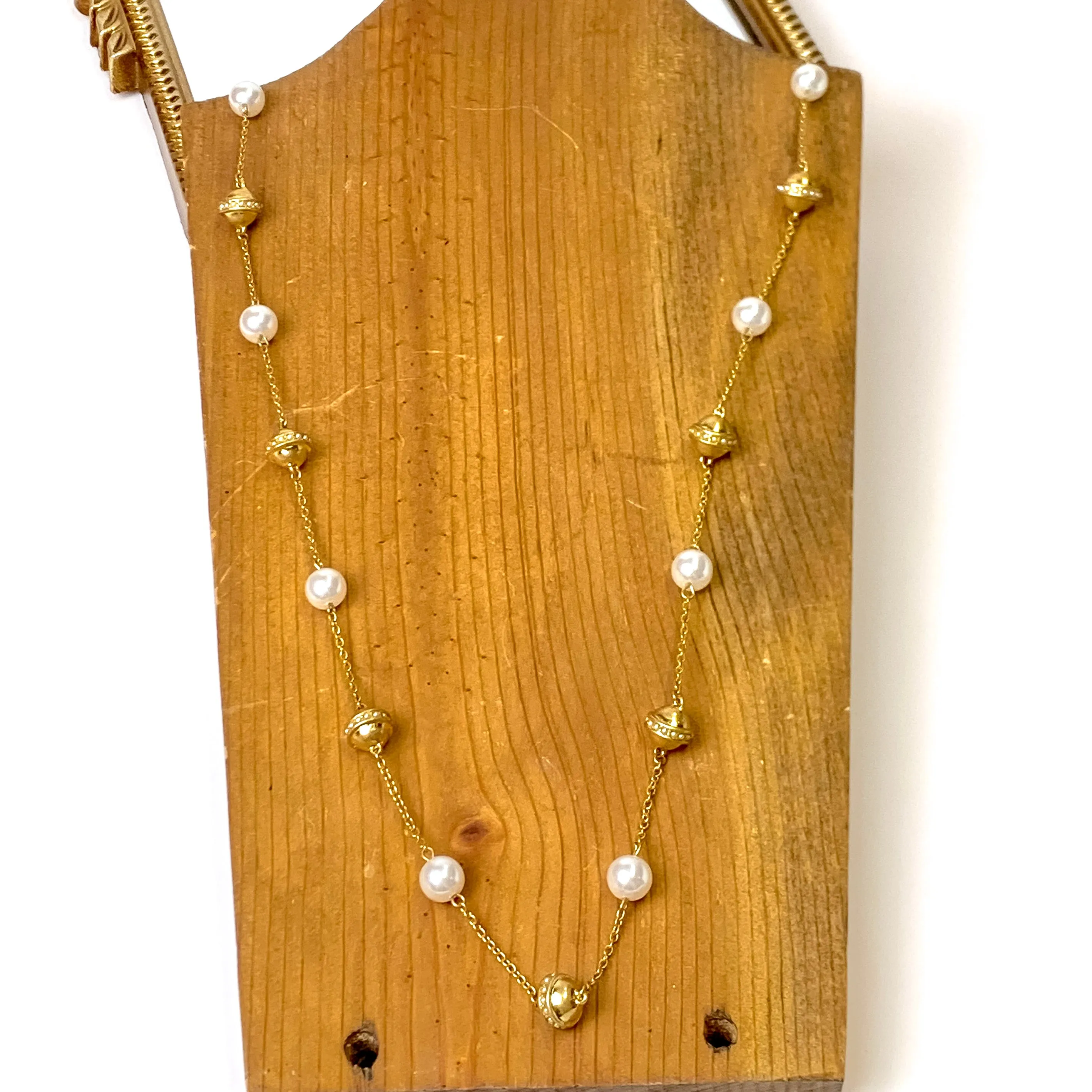 Long Gold Tone Necklace with Gold and Pearl Bead Accents