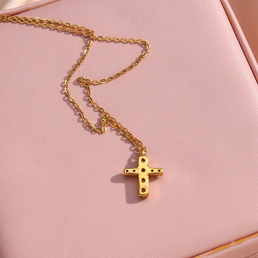 Micro Pave Small Cross Pendant Necklace with Rhinestone in Gold Color