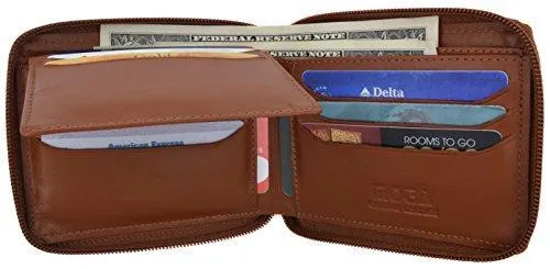 Moga Men's Genuine Leather Short Zip-Around ID Card Holder Bifold Wallet (Brown)