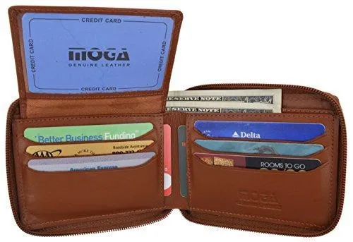 Moga Men's Genuine Leather Short Zip-Around ID Card Holder Bifold Wallet (Brown)