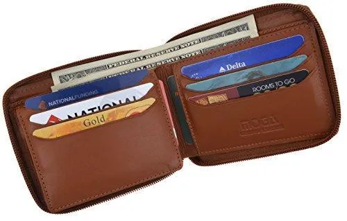 Moga Men's Genuine Leather Short Zip-Around ID Card Holder Bifold Wallet (Brown)