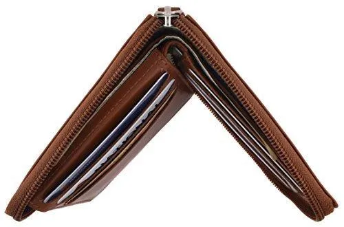 Moga Men's Genuine Leather Short Zip-Around ID Card Holder Bifold Wallet (Brown)