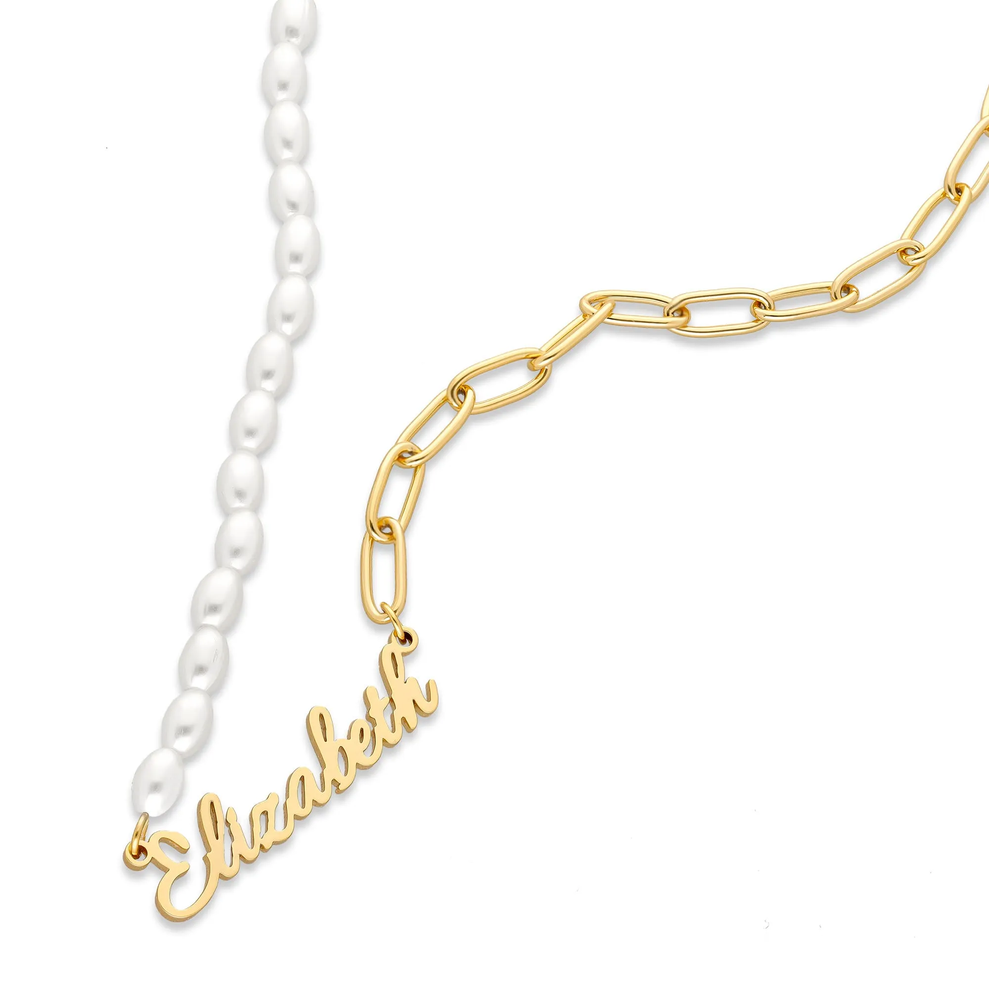 Pearl link name necklace gold