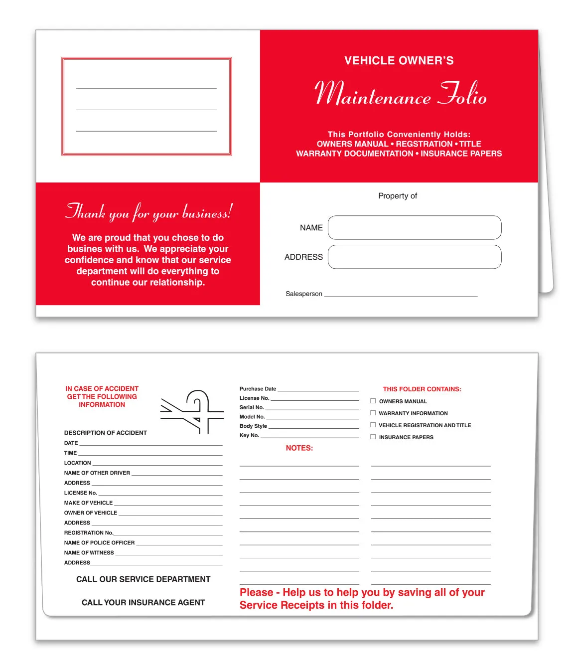 Premium Vehicle Paper Wallets - Red Heavy White Textured Stock - 6" x 10-1/2" - Durable Holders for Registration, Insurance, and Maintenance Records