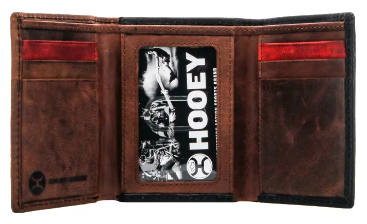 "Chapawee" Laser Cut Aztec Print Leather Tri-Fold Wallet with Black / Red / Ivory Inlay and Hooey Logo Rivet