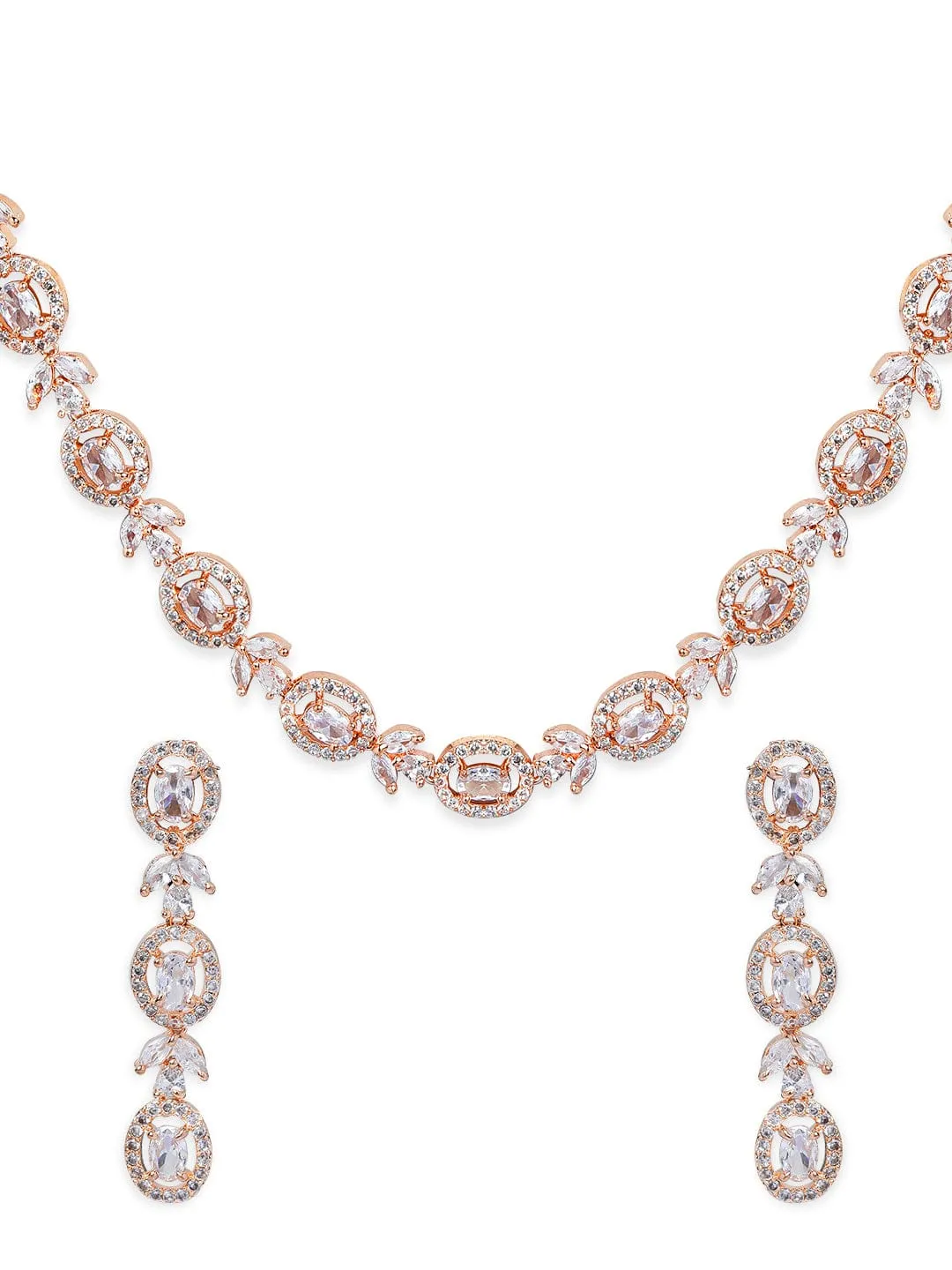 Rubans Simple Gold Toned CZ Necklace Set with Long Earrings