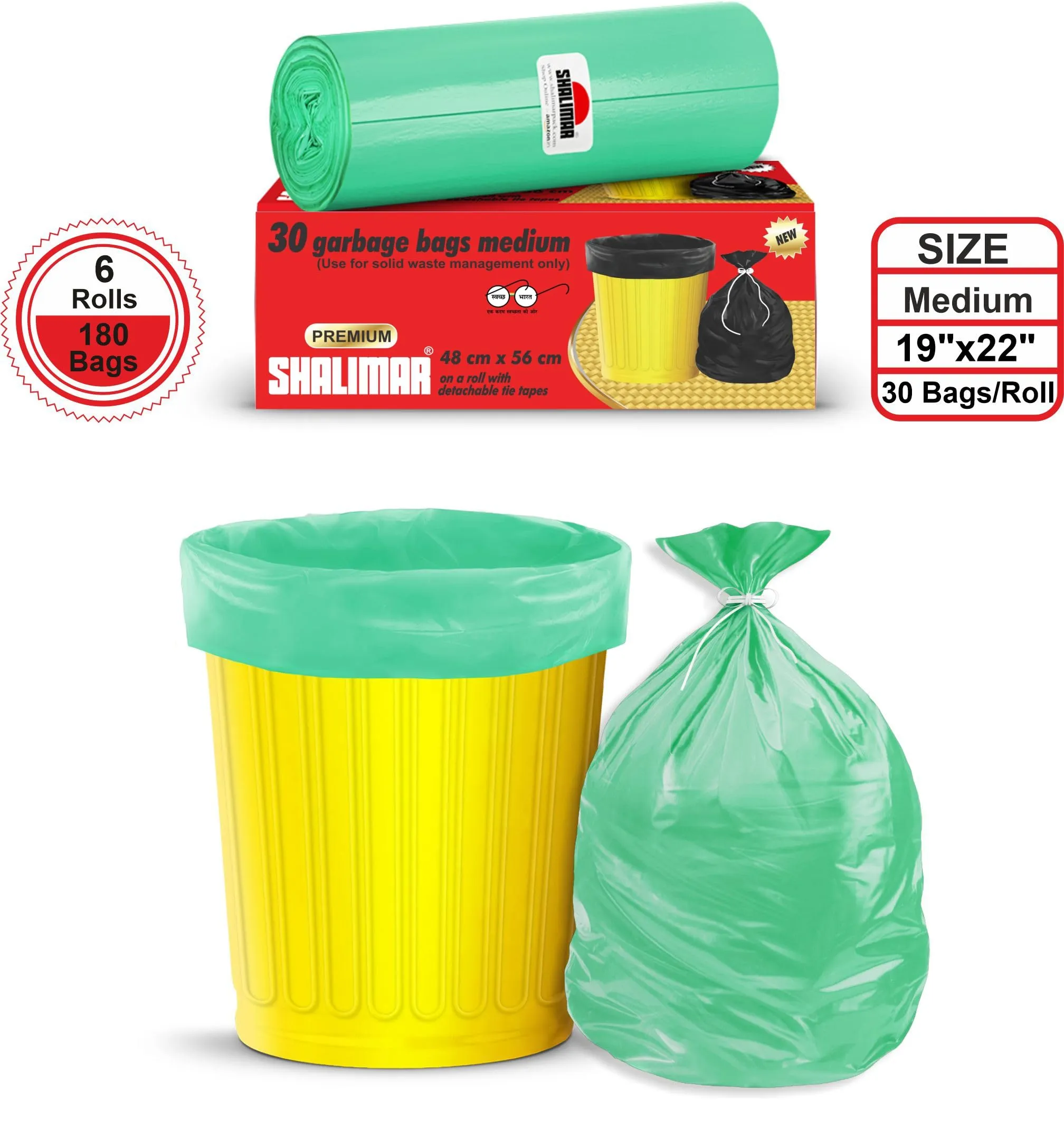 Shalimar Premium Garbage Bags Size 19 X 21 Inches (Medium) 180 Bags (6 Rolls) Dustbin Bag/Trash Bag - Green Color