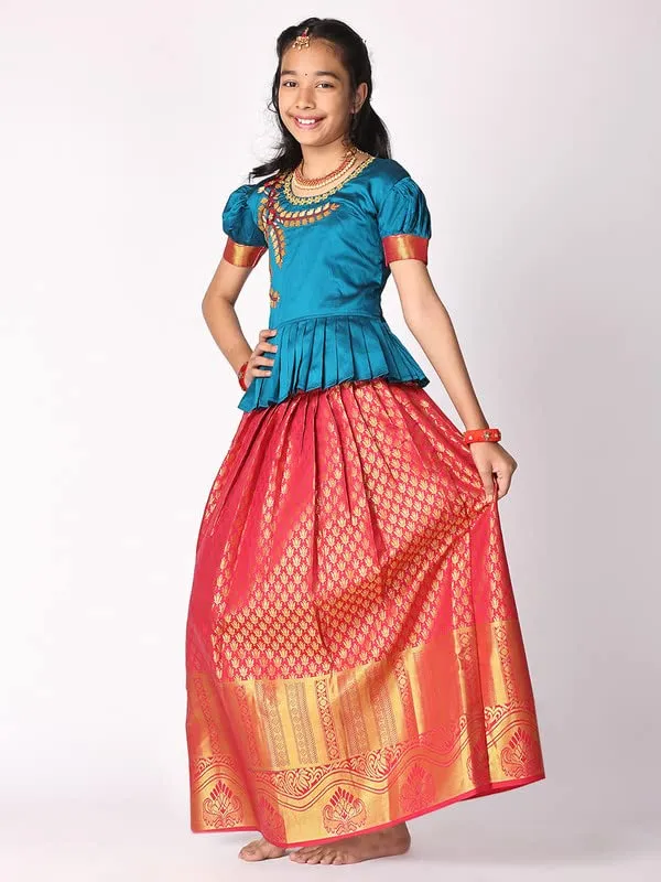 TotzTouch Kids Girls Pattu Pavadai | Lehenga Choli Set South Indian Traditional Wide Zari Border Embroidered Jacquard weave Ethnic Wear Red, Pink, Violet, Blue, Green, Sizes 1 to 10 Years