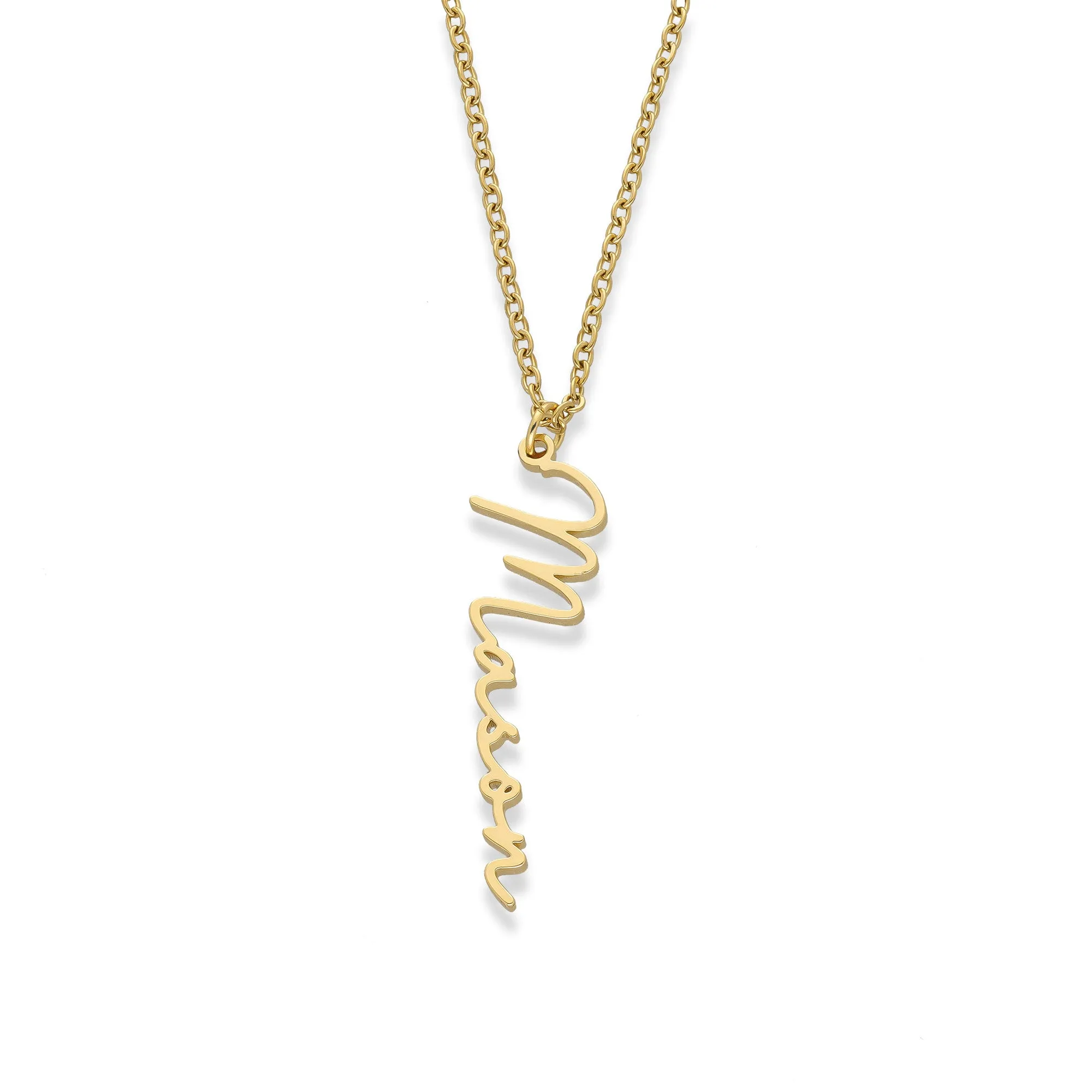 Vertical name necklace gold